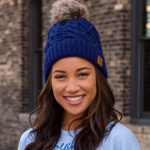 Accessories - Blue Cable Knit Faux Fur Pompom Fleece Lined Women's Winter Beanie Hat